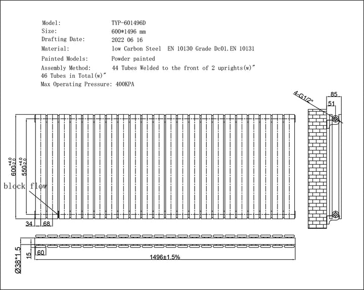 Typhoon - Black Designer Radiator H600mm x W1496mm Double Panel - Feet Included