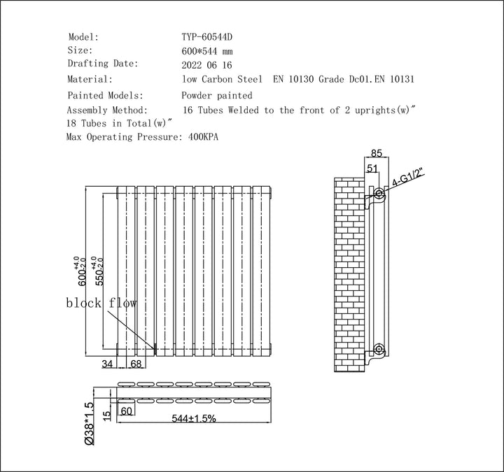 Typhoon Black Horizontal Electric Radiator H600 x W544mm Double Panel 500w Thermostatic WIFI - Feet Included