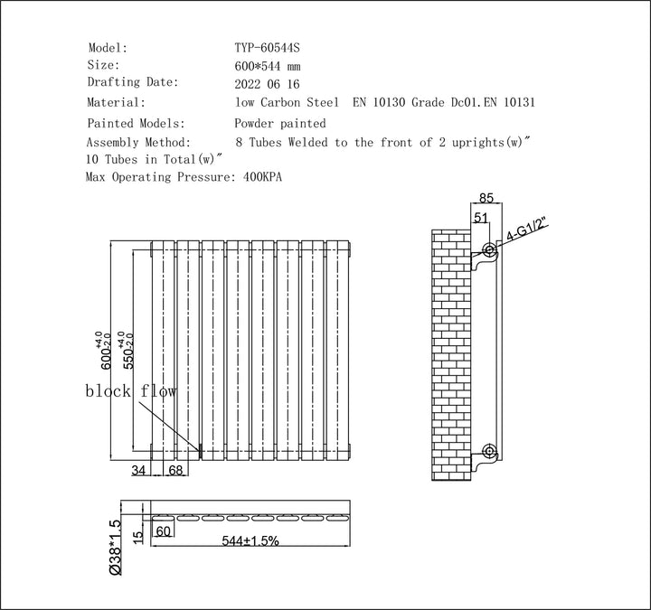 Typhoon - Anthracite Horizontal Radiator H600mm x W544mm Single Panel