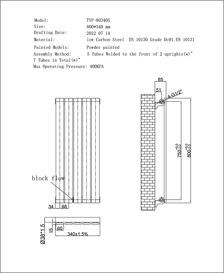 Typhoon Axis - Black Horizontal Radiator H340mm x W800mm Single Panel