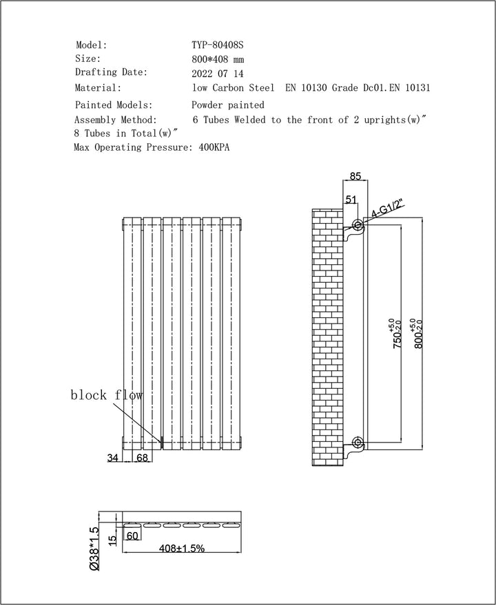 Typhoon Anthracite Horizontal Electric Radiator H800 x W408mm Single Panel 300w Thermostatic WIFI - Feet Included