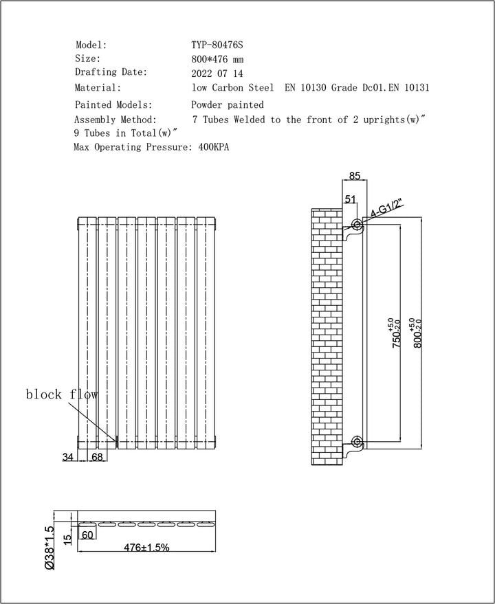 Typhoon Anthracite Horizontal Electric Radiator H800 x W476mm Single Panel 400w Thermostatic WIFI - Feet Included