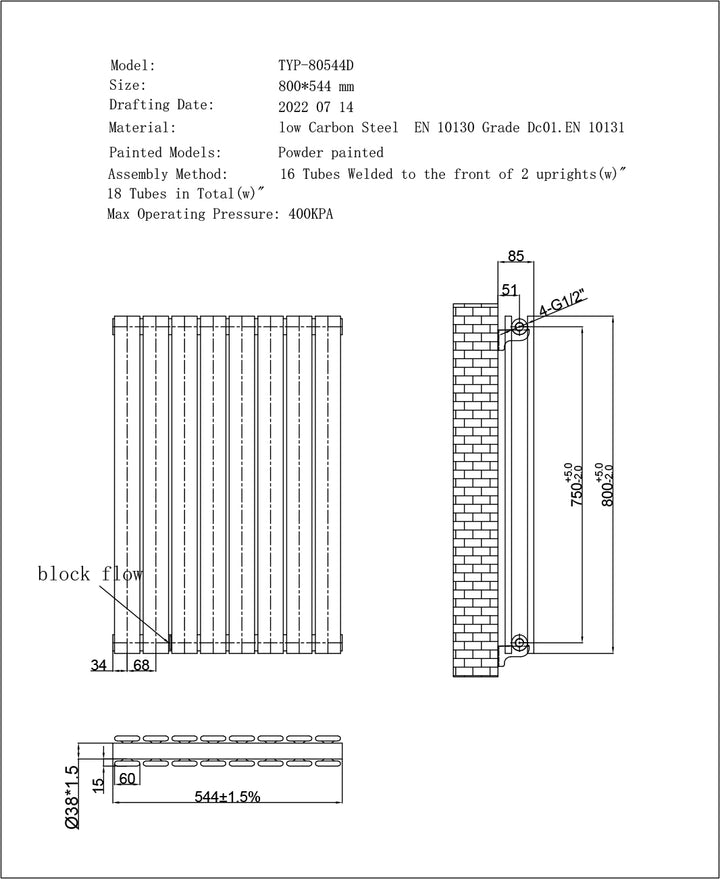 Typhoon Axis - White Horizontal Radiator H544mm x W800mm Double Panel