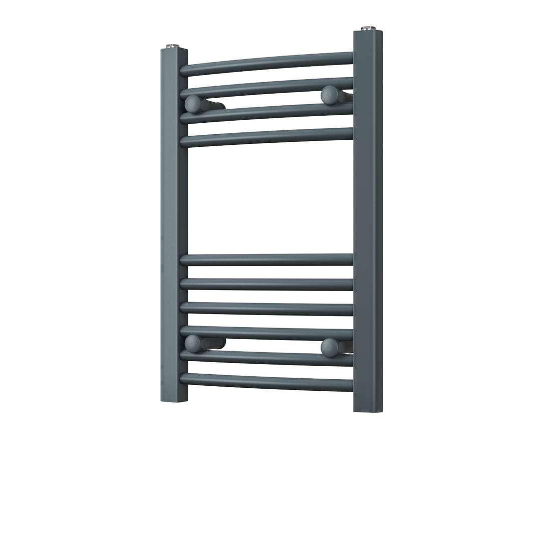 Zennor anthracite heated towel rail, 600mm x 400mm curved compact bathroom radiator
