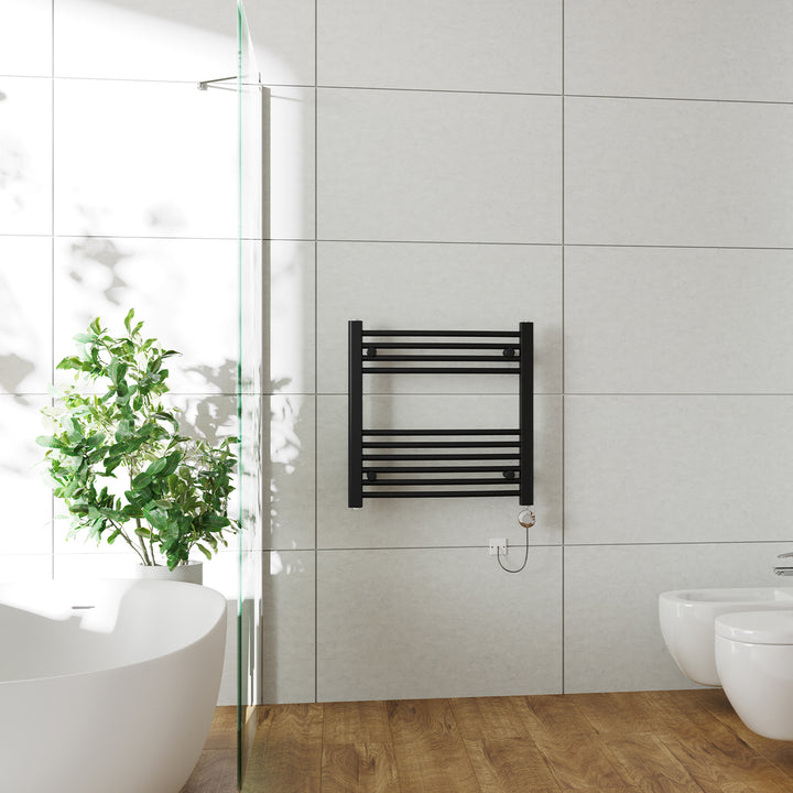 Zennor - Black Electric Towel Rail H600mm x W600mm Curved 300w Thermostatic