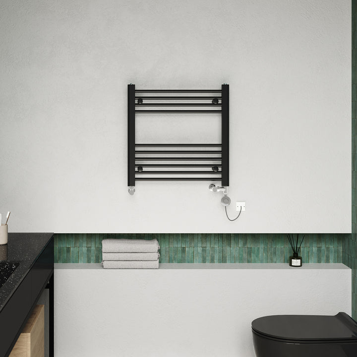 Zennor - Black Dual Fuel Towel Rail H600mm x W600mm Thermostatic - Straight