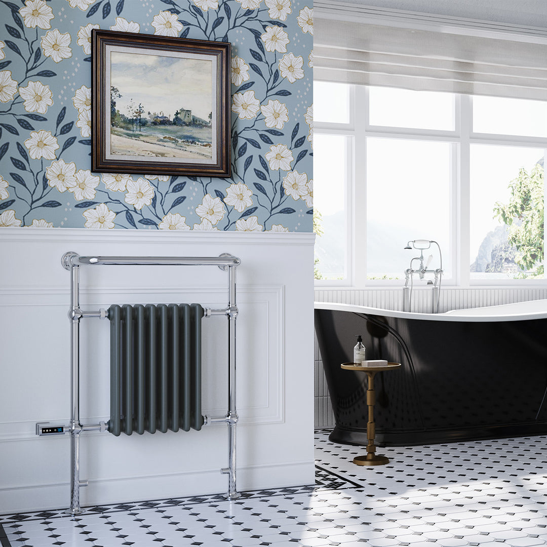 Arundel anthracite traditional electric towel rail, 963mm x 673mm, 600W thermostatic WiFi radiator, fitted in a modern bathroom with floral wallpaper