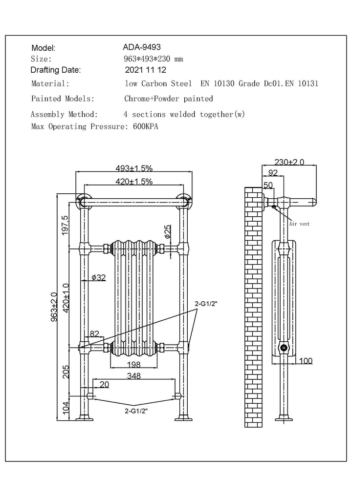 Arundel - Traditional Electric Towel Rail H963mm x W493mm 300w Thermostatic WIFI