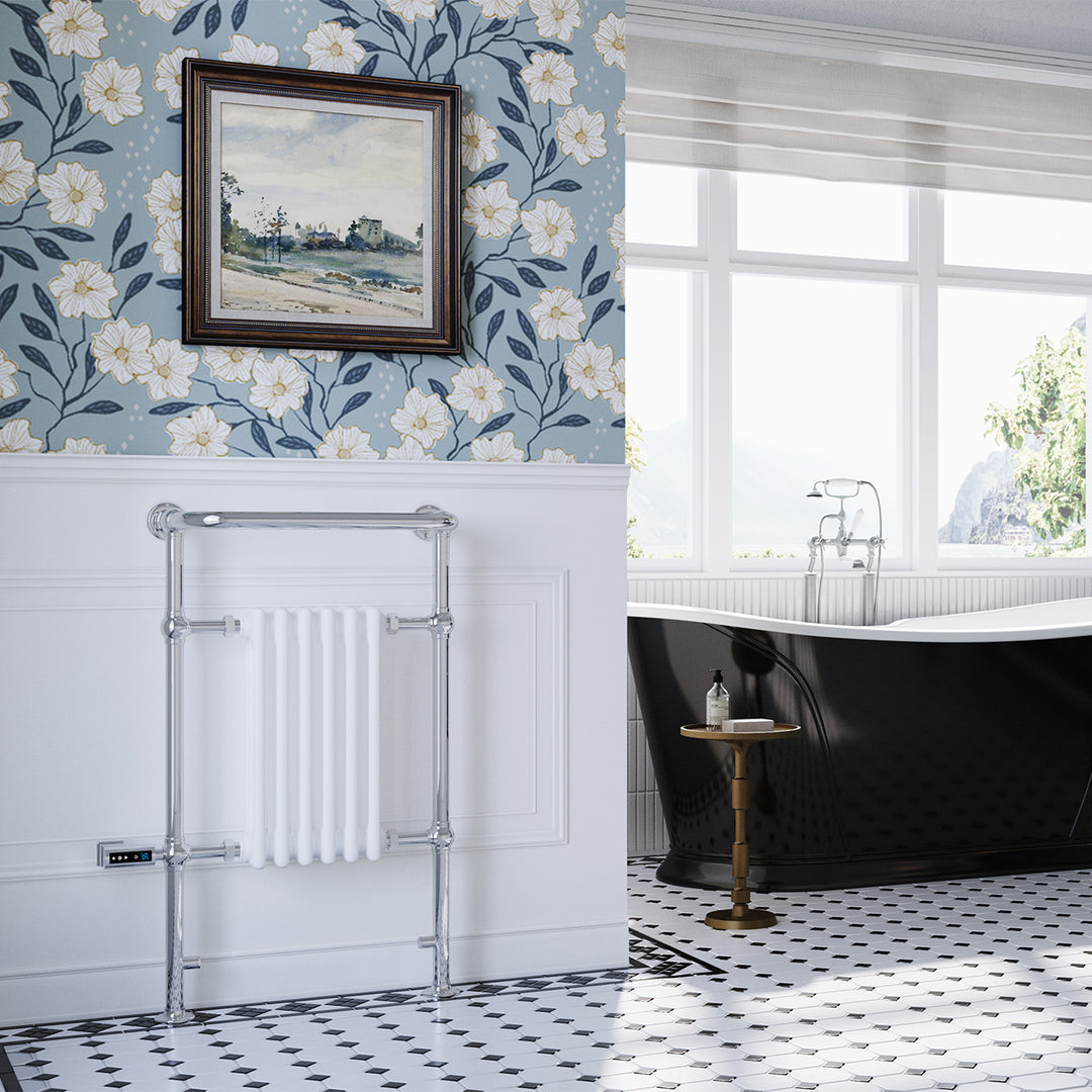 Arundel traditional electric towel rail, 963mm x 583mm, 300W thermostatic WiFi white radiator, fitted in a modern bathroom