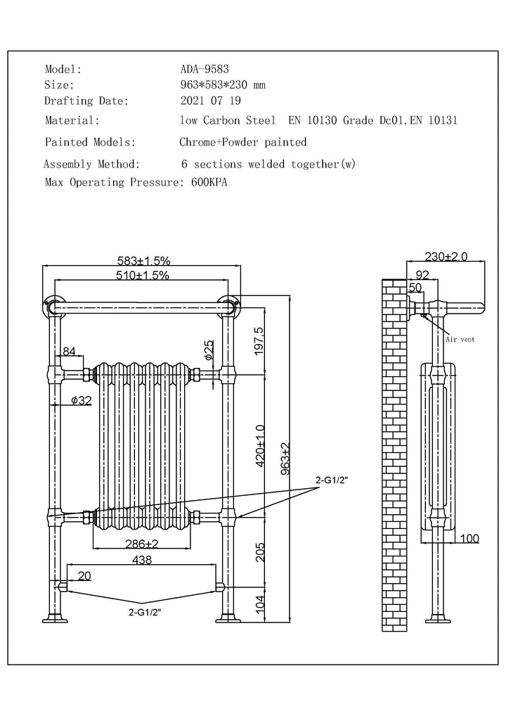 Arundel - Traditional Dual Fuel Towel Rail  H963mm x W583mm Thermostatic WIFI - Floor Standing