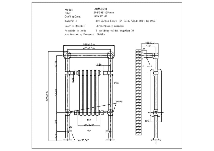 Adisham - Traditional Electric Towel Rail H963mm x W538mm 300w Thermostatic