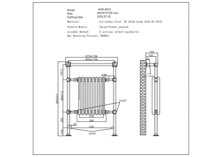 Adisham - Traditional Electric Towel Rail H963mm x W673mm 600w Thermostatic