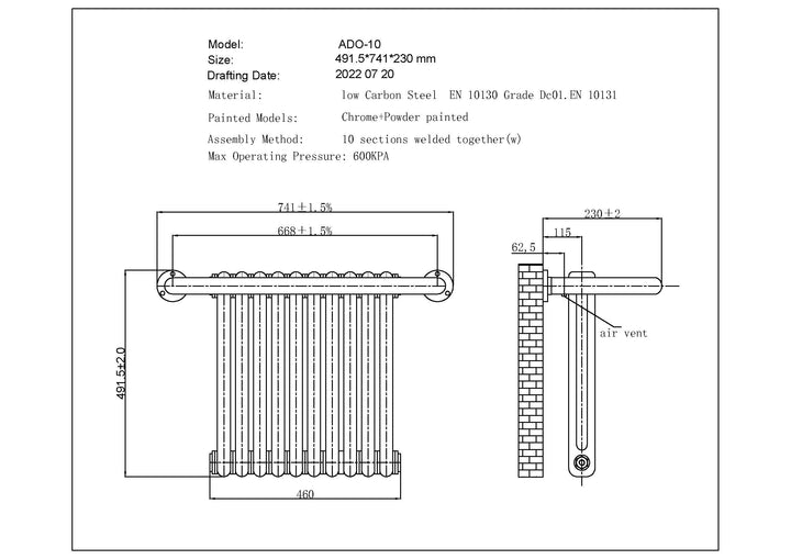 Aydon - Traditional Dual Fuel Towel Rail H491mm x W741mm Thermostatic - Wall Mounted