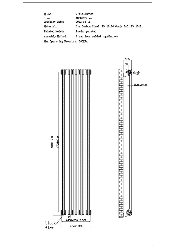 Alpha - Raw Metal Vertical Column Radiator H1800mm x W372mm 2 Column