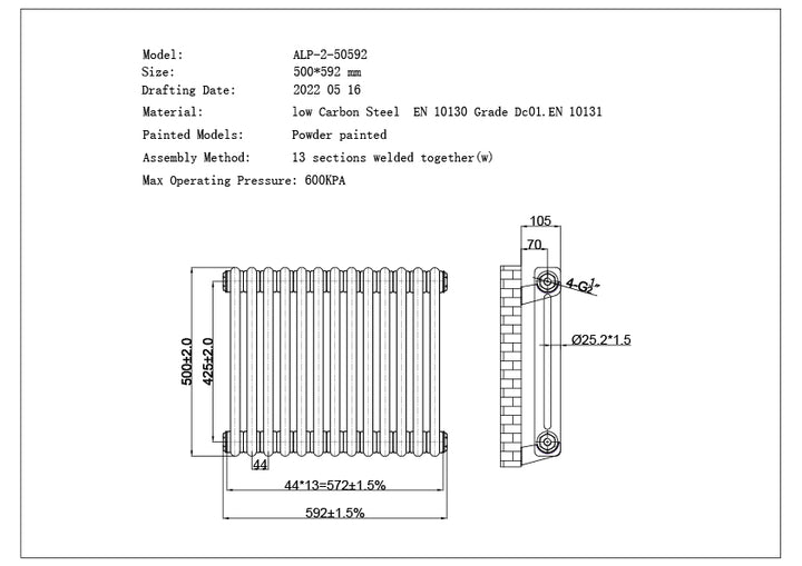 Alpha - Raw Metal Column Radiator H500mm x W592mm 2 Column