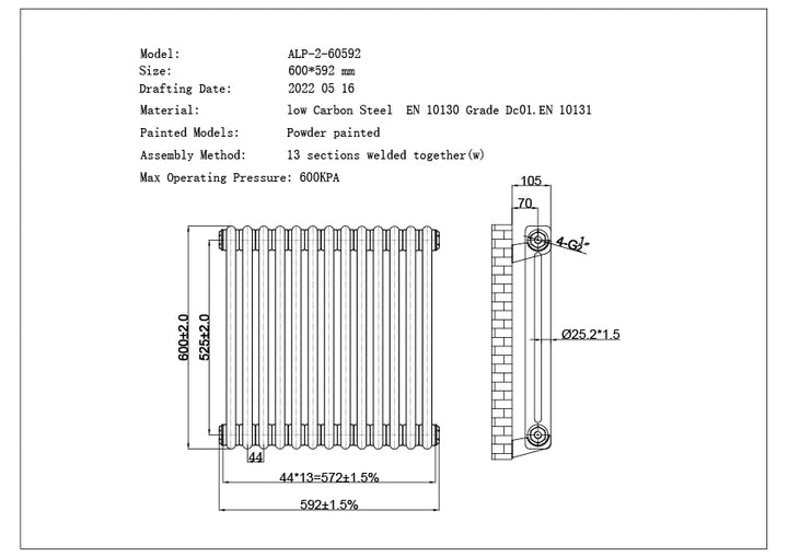 Alpha - Raw Metal Column Radiator H600mm x W592mm 2 Column