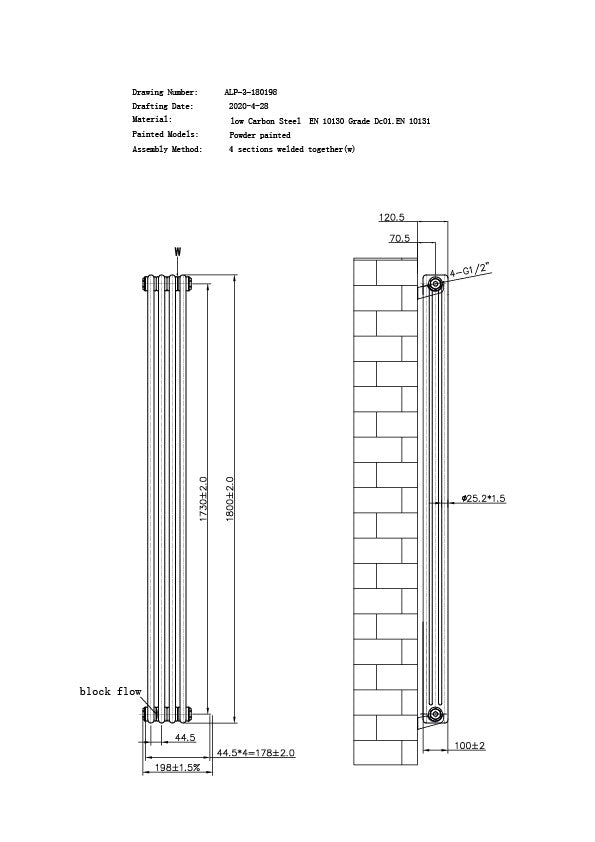 Alpha - Antique Brass Vertical Column Radiator H1800mm x W198mm 3 Column