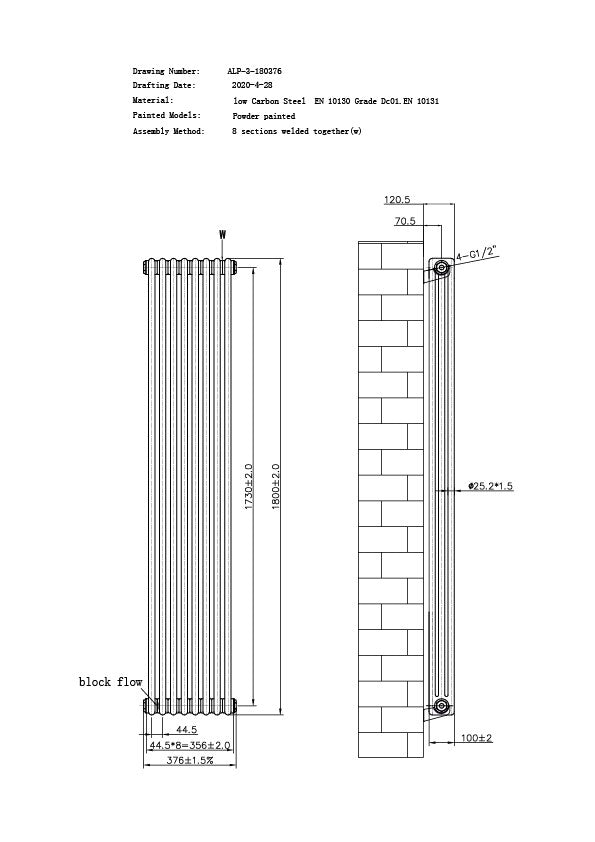 Alpha - Antique Brass Vertical Column Radiator H1800mm x W376mm 3 Column