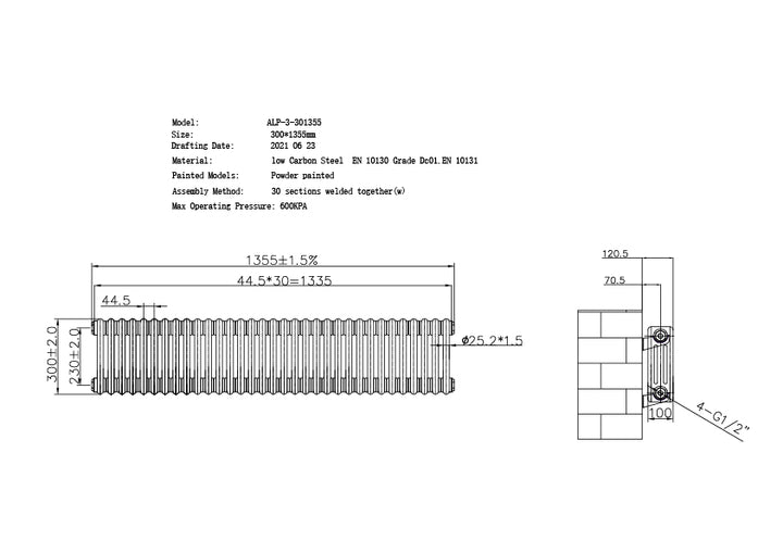 Alpha - Raw Metal Column Radiator H300mm x W1355mm 3 Column