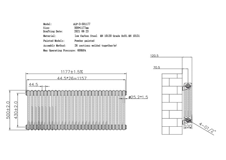 Alpha - Raw Metal Column Radiator H500mm x W1177mm 3 Column - Feet Included