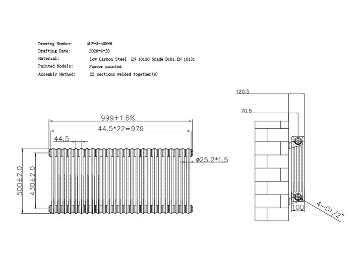 Alpha - Anthracite Column Radiator H500mm x W999mm 3 Column