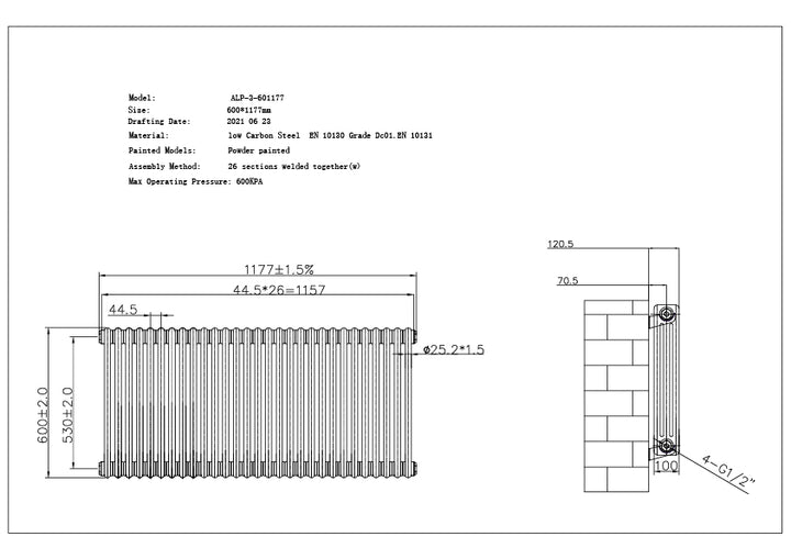 Alpha - Anthracite Column Radiator H600mm x W1177mm 3 Column