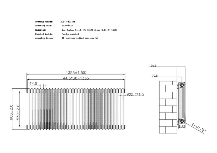 Alpha - Anthracite Column Radiator H600mm x W1355mm 3 Column