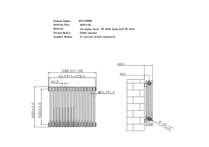 Alpha - Raw Metal Column Radiator H600mm x W599mm 3 Column