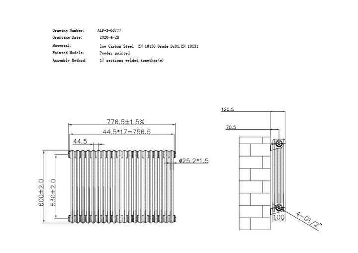 Alpha - Raw Metal Column Radiator H600mm x W777mm 3 Column