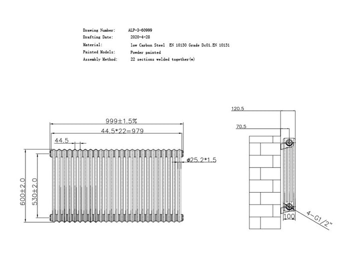 Alpha - Anthracite Column Radiator H600mm x W999mm 3 Column