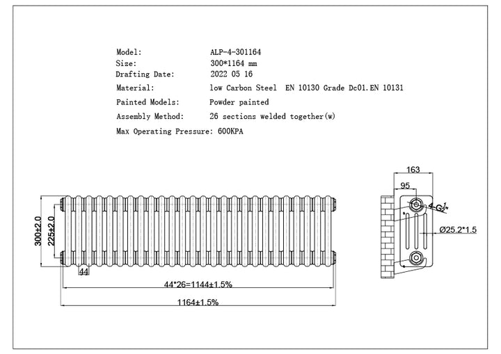 Alpha - White Column Radiator H300mm x W1164mm 4 Column