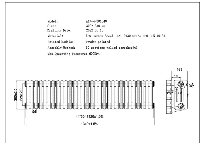 Alpha - Raw Metal Column Radiator H300mm x W1340mm 4 Column