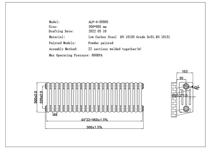 Alpha - Black Column Radiator H300mm x W988mm 4 Column