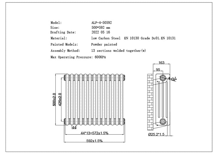 Alpha - Raw Metal Column Radiator H500mm x W592mm 4 Column