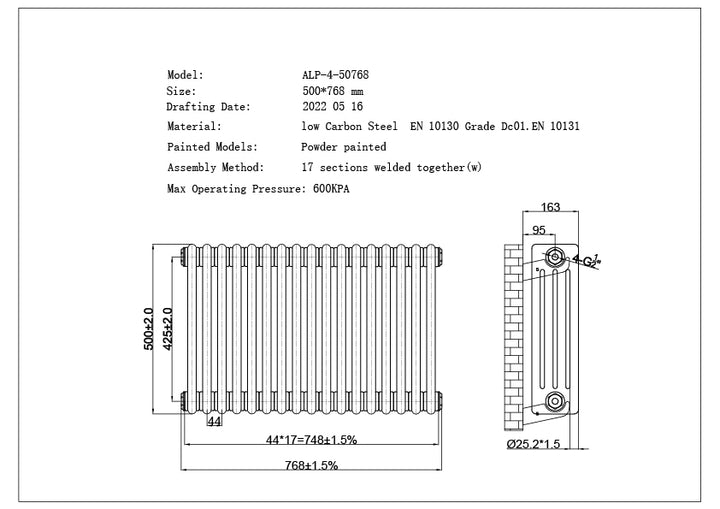 Alpha - Raw Metal Column Radiator H500mm x W768mm 4 Column