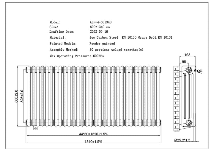 Alpha - Raw Metal Column Radiator H600mm x W1340mm 4 Column