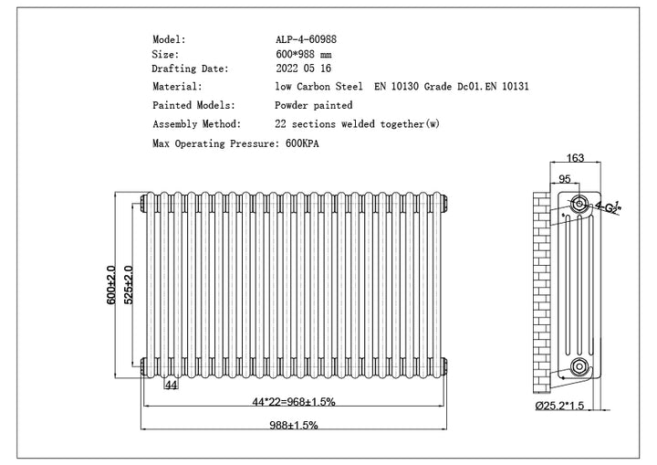 Alpha - Raw Metal Column Radiator H600mm x W988mm 4 Column