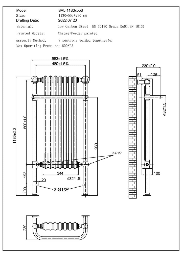 Balmoral - Traditional Dual Fuel Towel Rail H1130mm x W553mm Thermostatic - Floor Standing