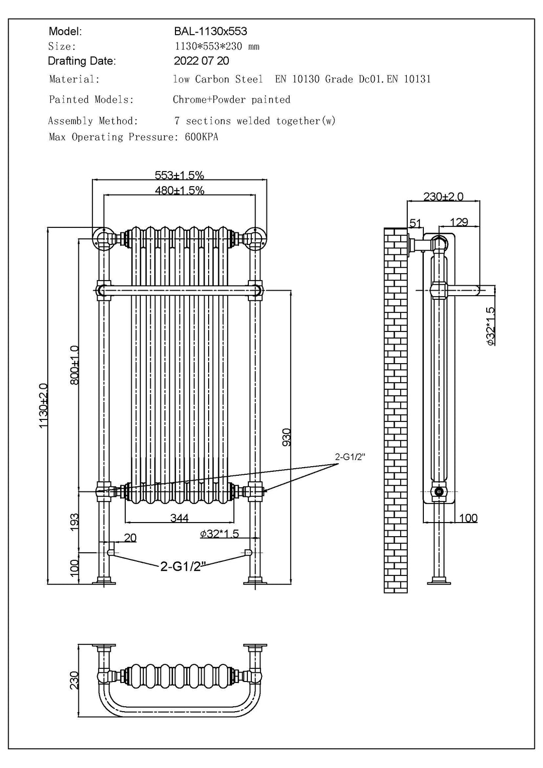 Technical specification sheet for Balmoral traditional electric towel rail, 1130mm x 553mm, 300W thermostatic chrome radiator, showing dimensions and key details
