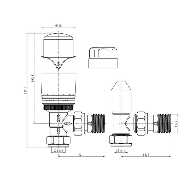 Derry Bold - Silver Nickel Thermostatic Radiator Valve & Lockshield Angled 15mm