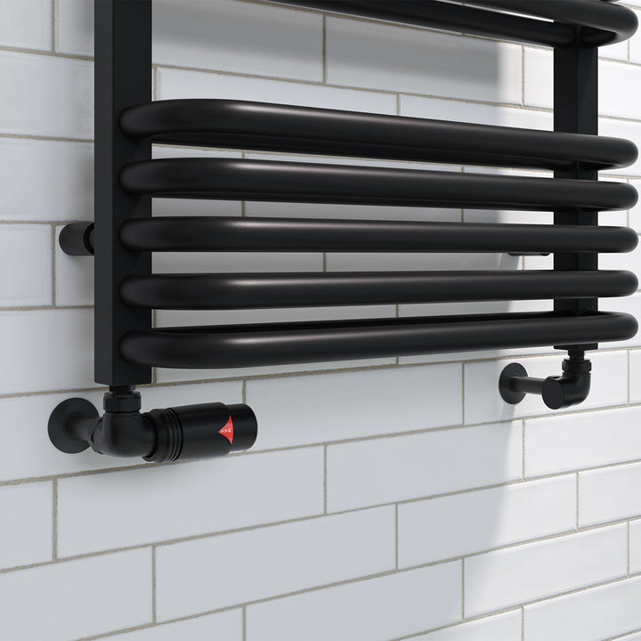 Derry Bold - Black Thermostatic Radiator Valve & Lockshield Corner 8mm