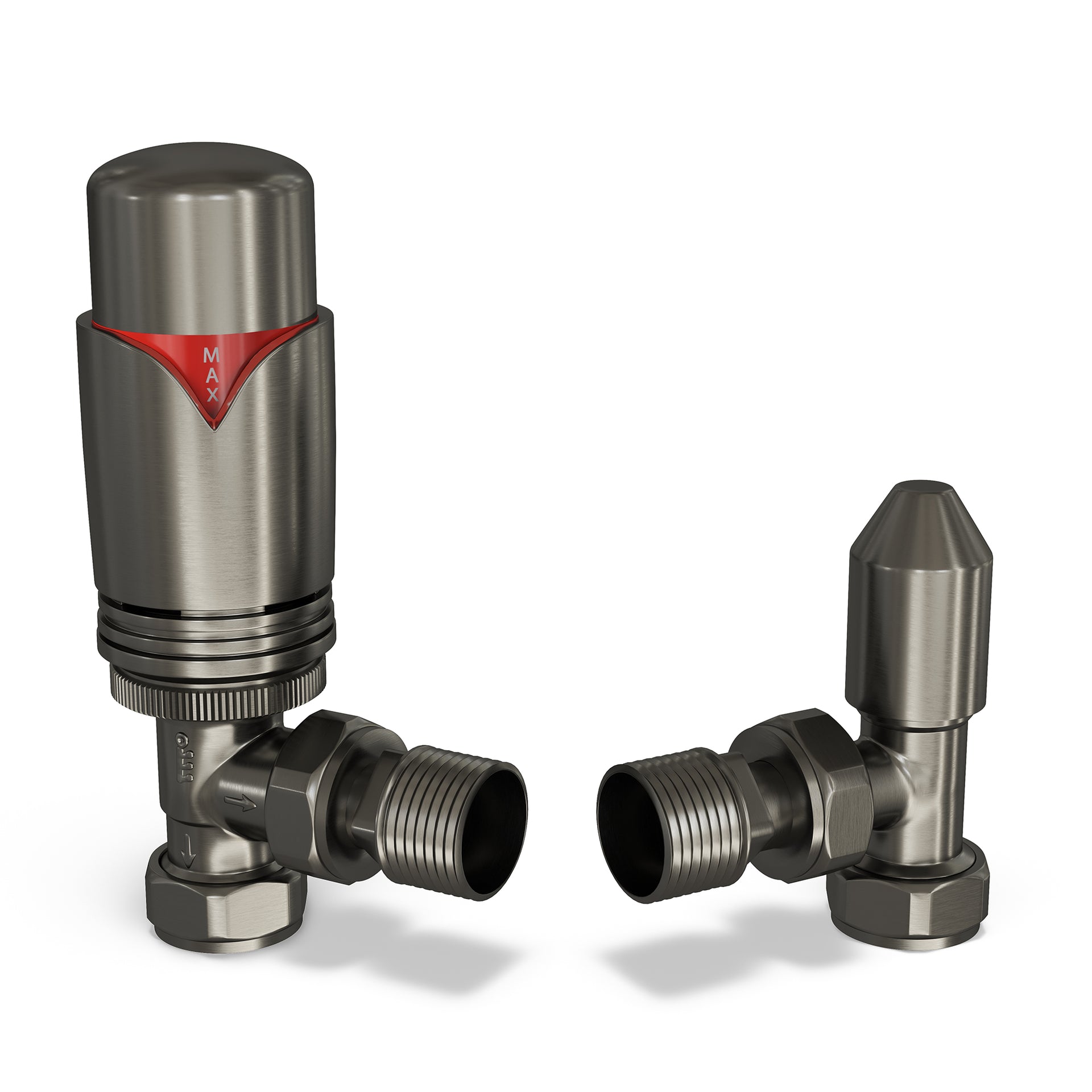Derry Bold - Pewter Thermostatic Radiator Valve & Lockshield Angled 8mm