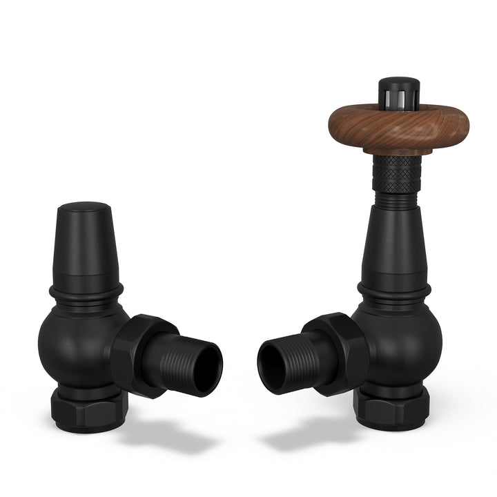 Derry Traditional - Black Thermostatic Radiator Valve & Lockshield Angled 8mm