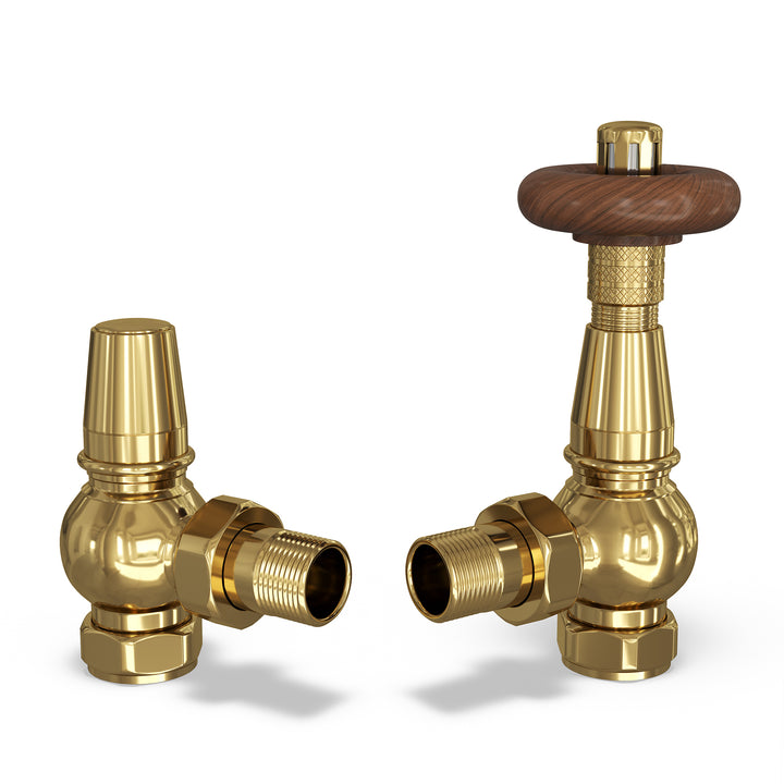 Derry Traditional - Polished Brass Thermostatic Radiator Valve & Lockshield Angled 10mm