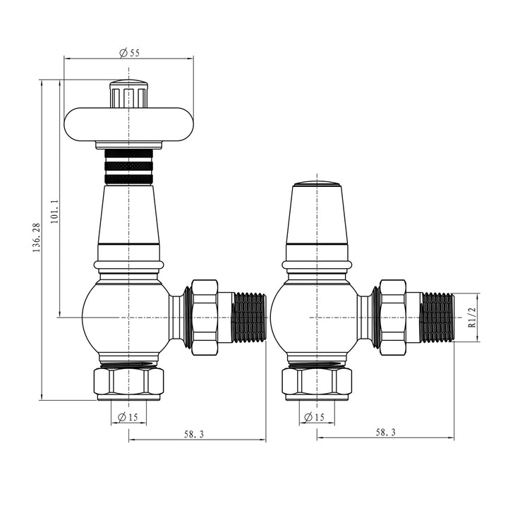 Derry Traditional - Black Nickel Thermostatic Radiator Valve & Lockshield Angled 8mm