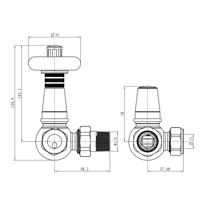 Derry Traditional - Silver Nickel Thermostatic Radiator Valve & Lockshield Corner 15mm