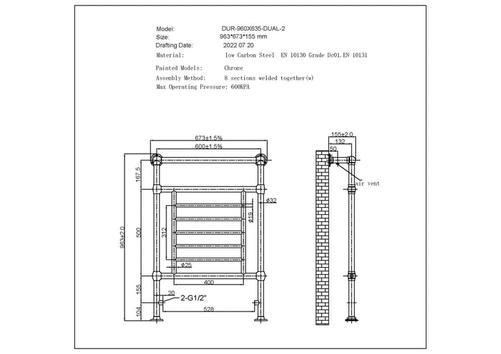 Durham - Chrome Towel Radiator - H963mm x W673mm