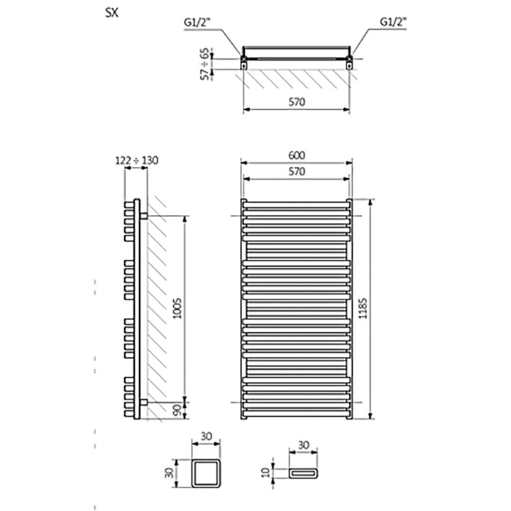 Quadrus - Black Towel Radiator - H1185mm x W600mm