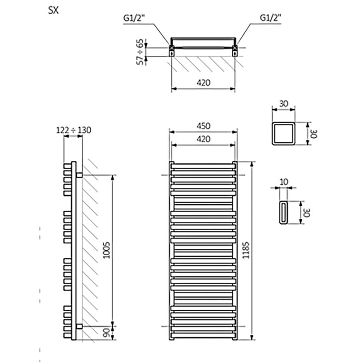 Quadrus - Black Towel Radiator - H1185mm x W450mm