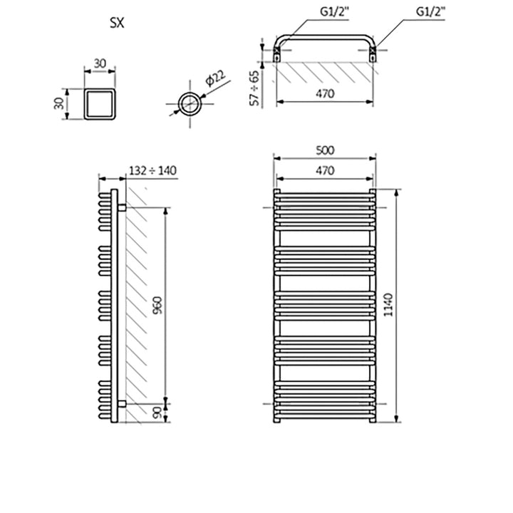 Alex - Modern Grey Towel Radiator - H1140mm x W500mm